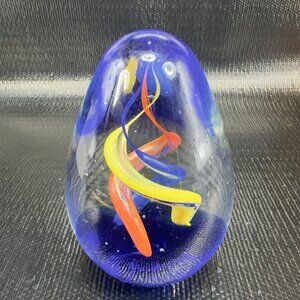 Vintage 1980s Heavy Art Glass Paperweight Figurine Oval Multicolored Swirls VTG